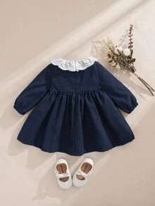 SHEIN 1pc Baby Girl Sweet Princess Lace Collar Navy Blue Corduroy Ruffle Hem Long Sleeve A-Line Regular Dress For Birthday Party Photo Shoot Autumn Winter - Navy Blue - View 3
