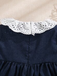 SHEIN 1pc Baby Girl Sweet Princess Lace Collar Navy Blue Corduroy Ruffle Hem Long Sleeve A-Line Regular Dress For Birthday Party Photo Shoot Autumn Winter - Navy Blue - View 8
