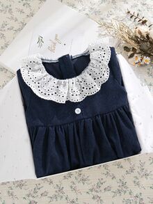 SHEIN 1pc Baby Girl Sweet Princess Lace Collar Navy Blue Corduroy Ruffle Hem Long Sleeve A-Line Regular Dress For Birthday Party Photo Shoot Autumn Winter - Navy Blue - View 4