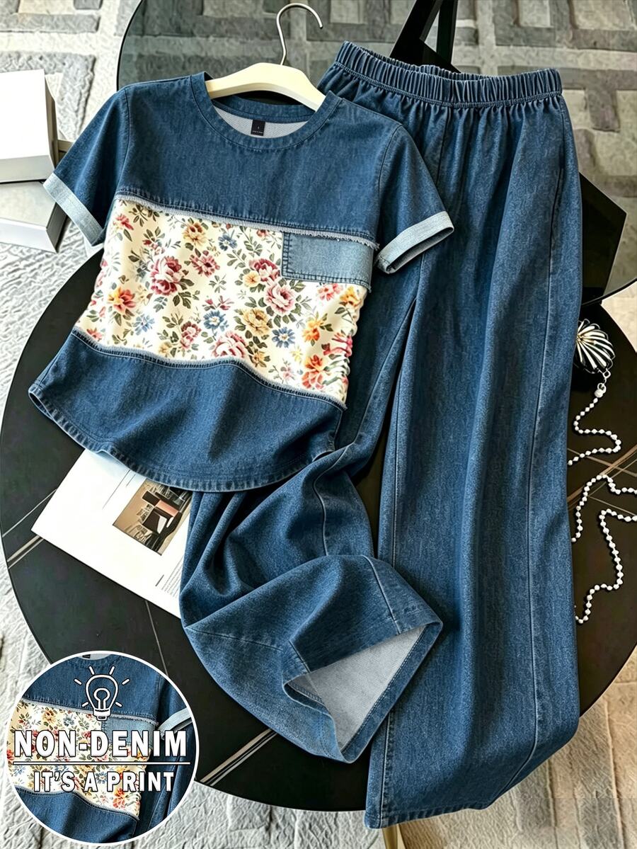 Resyla Women's Round Neck Floral Print Colorblock Short Sleeve Top And Elastic Waist Long Pants Casual Daily 2-Piece Set - Multicolor - View 1