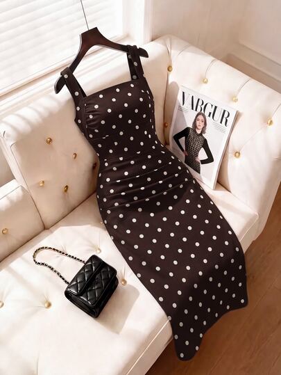 SHEIN MOD Women's Polka Dot Pattern Pleated Square Neck Sleeveless Denim Dress