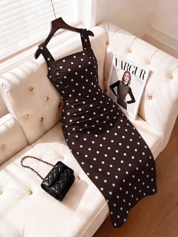 SHEIN MOD فستان جينز نسائي بنقشة نقاط بولكا مطوي بياقة مربعة بدون أكمام