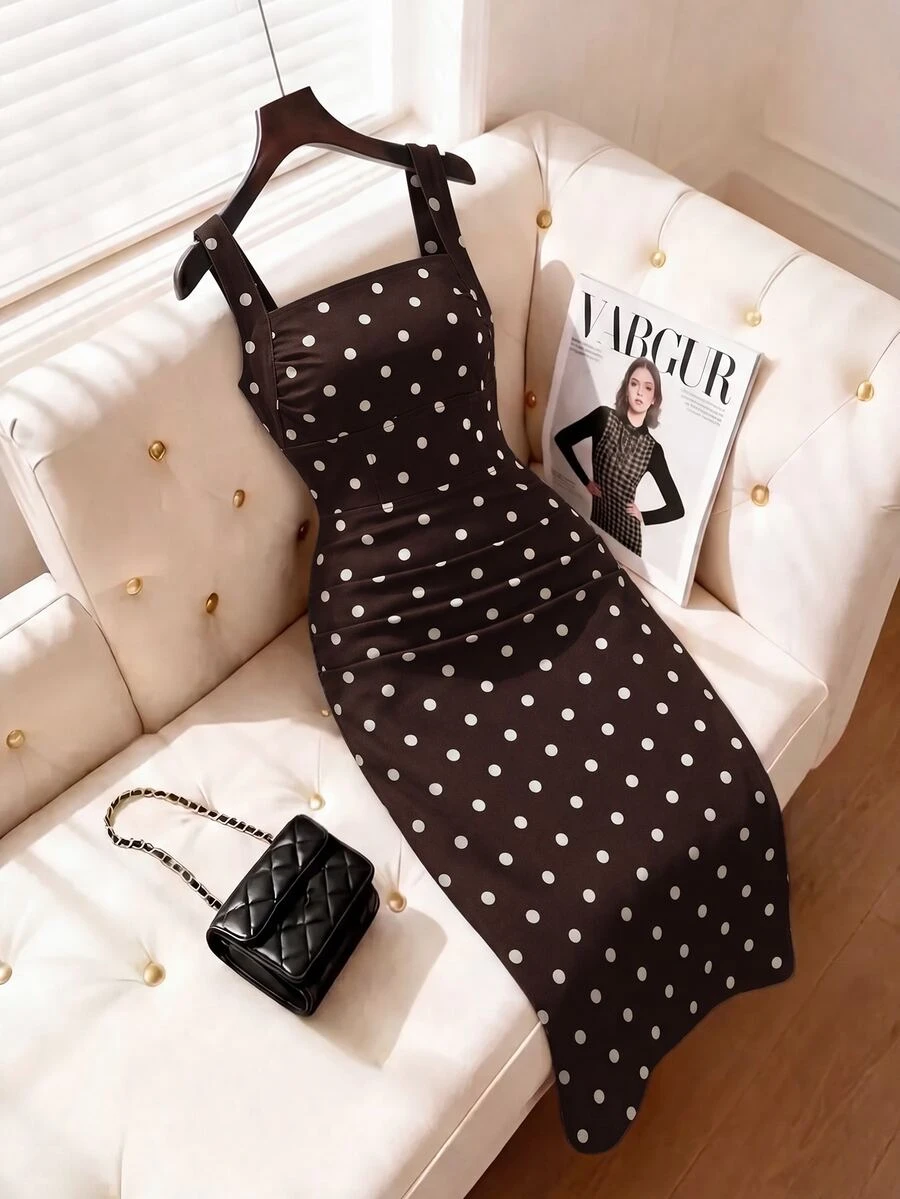 SHEIN MOD Women's Polka Dot Pattern Pleated Square Neck Sleeveless Denim Dress - Brown - View 1