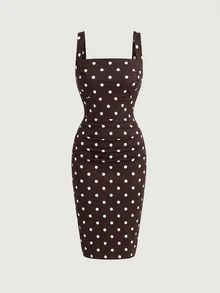 SHEIN MOD Women's Polka Dot Pattern Pleated Square Neck Sleeveless Denim Dress - Brown - View 2