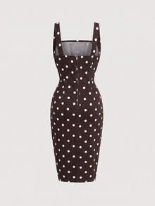 SHEIN MOD Women's Polka Dot Pattern Pleated Square Neck Sleeveless Denim Dress - Brown - View 3