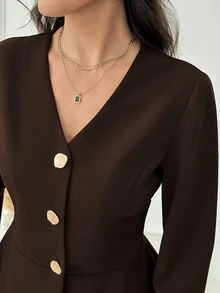 Medorina Elegant Luxury Business, Peplum Ruffle Button Up, Women's Skirt Set, Chiffon Brown, V-Neck A-Line, Office Work Party, Christmas, Fall Winter - Brown - View 6