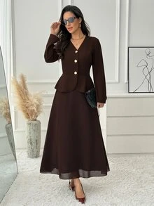 Medorina Elegant Luxury Business, Peplum Ruffle Button Up, Women's Skirt Set, Chiffon Brown, V-Neck A-Line, Office Work Party, Christmas, Fall Winter - Brown - View 3