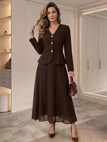 Medorina Elegant Luxury Business, Peplum Ruffle Button Up, Women's Skirt Set, Chiffon Brown, V-Neck A-Line, Office Work Party, Christmas, Fall Winter - Brown - View 1