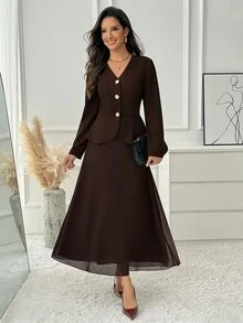 Medorina Elegant Luxury Business, Peplum Ruffle Button Up, Women's Skirt Set, Chiffon Brown, V-Neck A-Line, Office Work Party, Christmas, Fall Winter - Brown - View 5