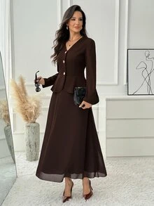Medorina Elegant Luxury Business, Peplum Ruffle Button Up, Women's Skirt Set, Chiffon Brown, V-Neck A-Line, Office Work Party, Christmas, Fall Winter - Brown - View 4