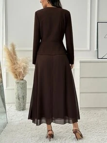 Medorina Elegant Luxury Business, Peplum Ruffle Button Up, Women's Skirt Set, Chiffon Brown, V-Neck A-Line, Office Work Party, Christmas, Fall Winter - Brown - View 2