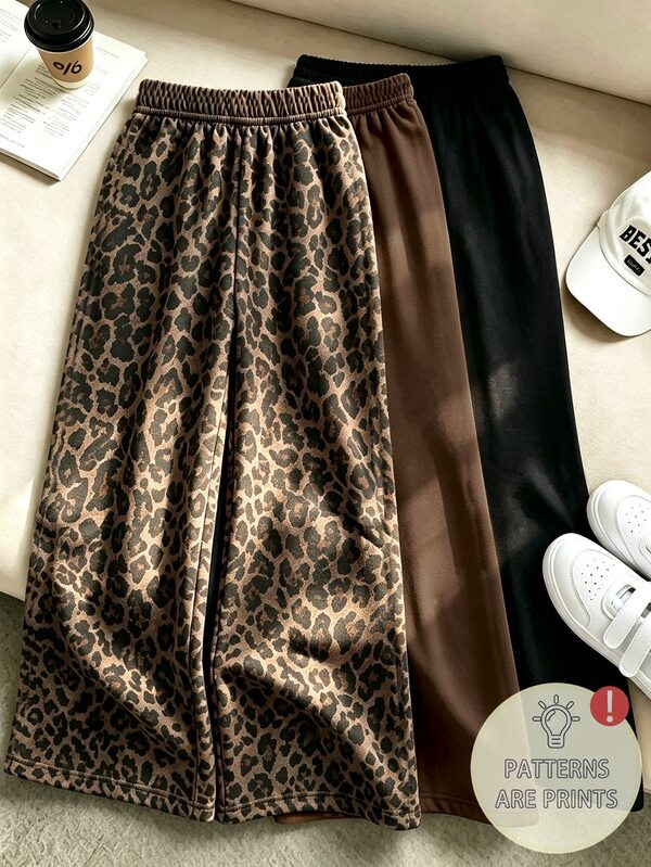 SHEIN Vintaside Kids 3pcs/Set Girls Wide Leg Straight Pants Autumn/Winter New Fashion Leopard Print Pants In Caramel, Dark Brown And Black, Versatile Mix & Match, Suitable For Outings, School And Travel, Comfortable Casual INS Style Autumn/Winter New Pants