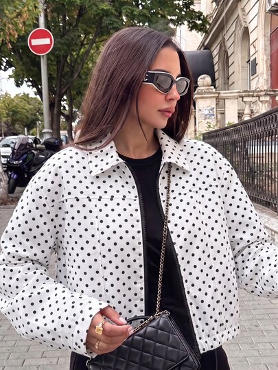 SHEIN Teen Girl Polka Dot Zipper Casual Versatile Daily Travel Long Sleeve Jacket, Streetwear, Cropped, Autumn, Fall