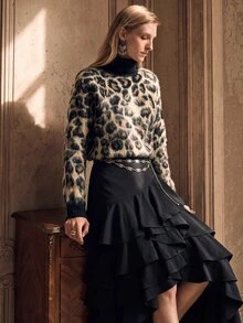 Anewsta Retro Leopard Print Turtleneck Sweater, European And American Style - Brown - View 7