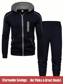 SHEIN 青少年男孩简约休闲灰色连帽衫毛衣百搭外套和打底衫街头服饰，秋季 - 藏蓝色 - 查看 2