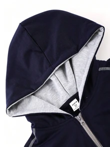 SHEIN 青少年男孩简约休闲灰色连帽衫毛衣百搭外套和打底衫街头服饰，秋季 - 藏蓝色 - 查看 5