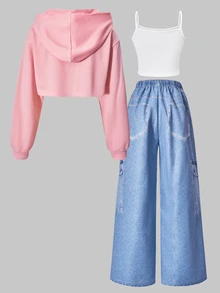 SHEIN ChillGRL Tween女孩休閒街頭風秋季套裝 3件組，連帽衛衣、丹寧效果寬鬆長褲、短版細肩帶背心上衣 - 粉色 - 查看 5