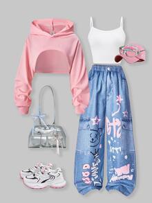 SHEIN ChillGRL Tween女孩休閒街頭風秋季套裝 3件組，連帽衛衣、丹寧效果寬鬆長褲、短版細肩帶背心上衣 - 粉色 - 查看 4