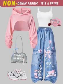 SHEIN ChillGRL Tween女孩休閒街頭風秋季套裝 3件組，連帽衛衣、丹寧效果寬鬆長褲、短版細肩帶背心上衣 - 粉色 - 查看 2