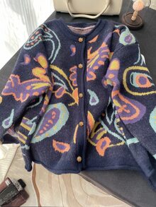 EMERY ROSE 2025 Plus Size Women's Fashionable Casual Minimalist Versatile Multi-Colour Fair Isle Pattern Gemstone Floral Button Small Round Neck Knitted Cardigan - Multicolor - View 4