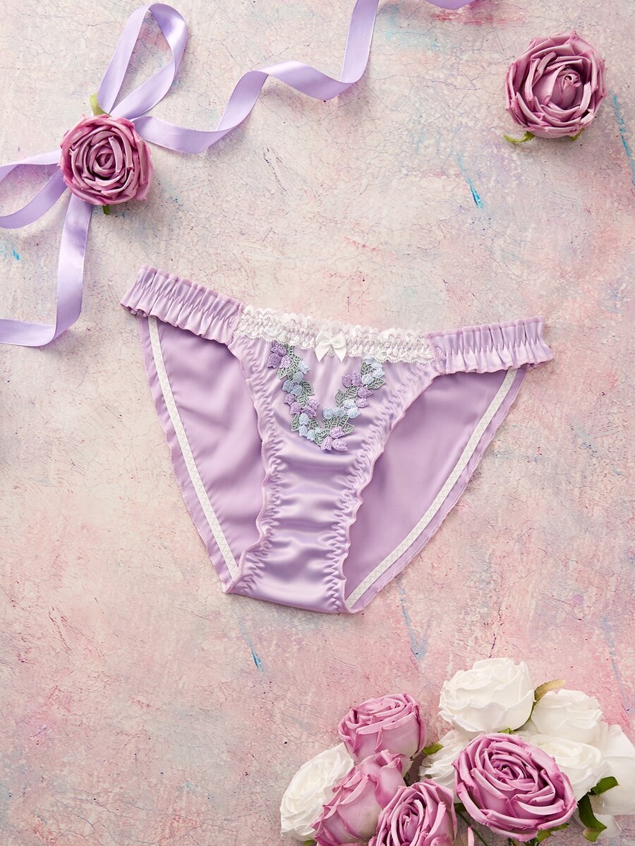 Elorette Purple Embroidered Floral Lace Patchwork Romantic Pastoral Comfortable Daily Ruffle Trim Women's Triangle Panties - Purple - View 1
