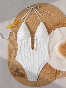 Bonvoyette Baju Renang Wanita Musim Panas untuk Liburan Pantai, Model Halter Neck, Warna Polos, Tali Bahu Tipis, Motif Garis Vertikal, Kain Bertekstur, Hiasan Ruffle, Tanpa Punggung, Seksi, Model Terusan - Putih - View 3