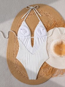 Bonvoyette Baju Renang Wanita Musim Panas untuk Liburan Pantai, Model Halter Neck, Warna Polos, Tali Bahu Tipis, Motif Garis Vertikal, Kain Bertekstur, Hiasan Ruffle, Tanpa Punggung, Seksi, Model Terusan - Putih - View 2