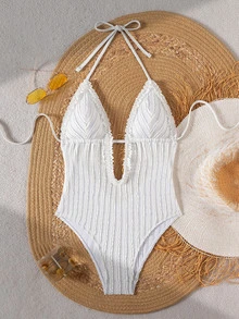 Bonvoyette Baju Renang Wanita Musim Panas untuk Liburan Pantai, Model Halter Neck, Warna Polos, Tali Bahu Tipis, Motif Garis Vertikal, Kain Bertekstur, Hiasan Ruffle, Tanpa Punggung, Seksi, Model Terusan - Putih - View 4
