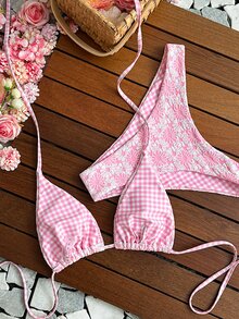 SHEIN Swim 2件組粉色花卉格紋印花三角掛脖性感度假比基尼套裝女款泳衣 - 彩色 - 查看 6