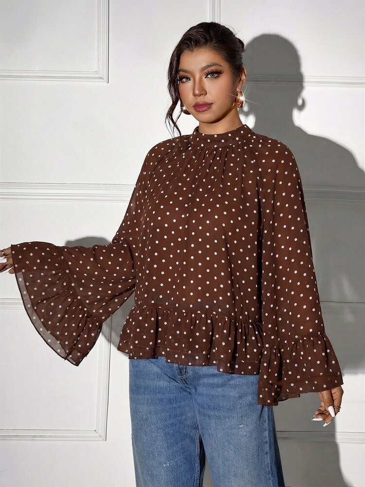 Femmeverse Plus Size Women Layered Ruffle Trim Long Sleeve Casual Top, Elegant Holiday Top Fall - Coffee Brown - View 5