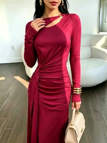 Selianne Gaun Panjang Wanita dengan Dekorasi Logam, Cocok untuk Jamuan Makan, Pesta Malam Ringan, dan Kencan. - Dusty Pink - View 8
