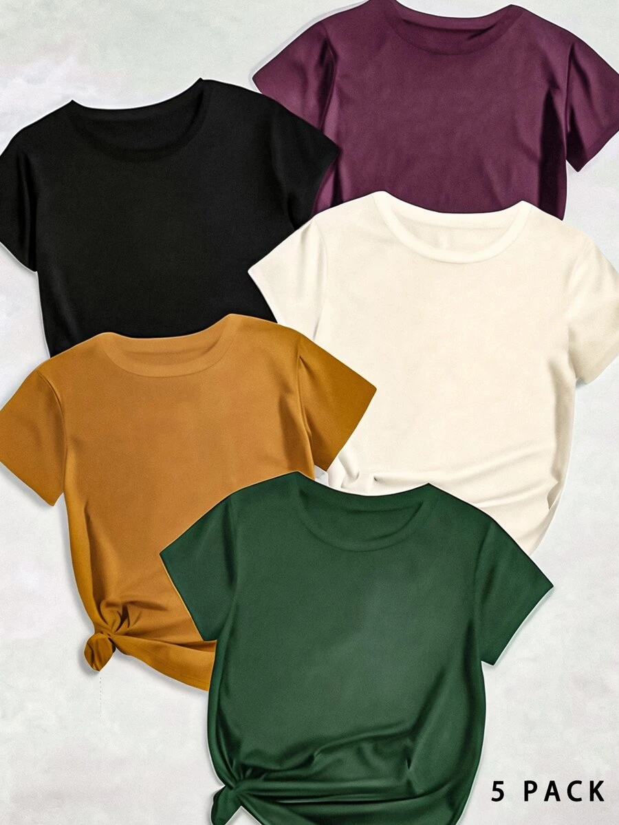 Calvaya Plus Size Round Neck Short Sleeve Solid Color T-Shirt - Multicolor - View 1