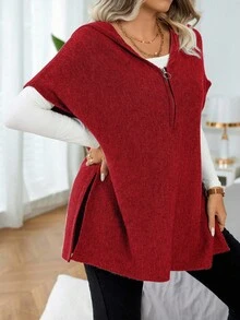 EMERY ROSE Chaleco con capucha minimalista de manga de murciélago con cremallera delantera para ropa de Año Nuevo de talla grande - Rojo - Ver 5