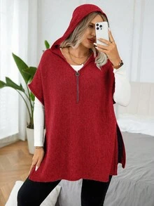 EMERY ROSE Chaleco con capucha minimalista de manga de murciélago con cremallera delantera para ropa de Año Nuevo de talla grande - Rojo - Ver 4