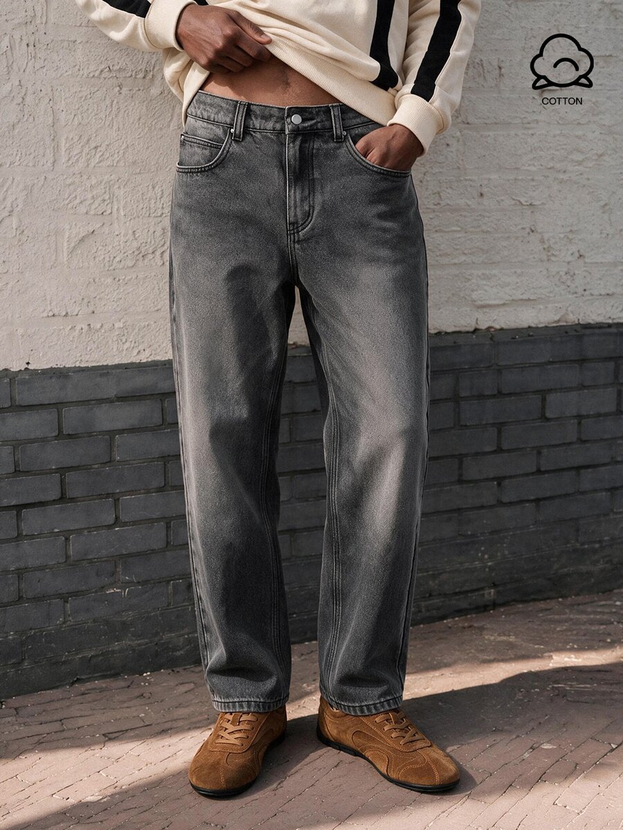 Lonveris Men's High Cotton Content Soft And Comfortable Straight Leg Loose Fit Casual Versatile Denim Jeans With Pockets - Dark Grey - View 1
