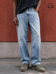Lonveris Men's High Cotton Content Casual Streetwear Versatile Everyday Back-To-School Denim Jeans With Button And Pockets Holiday Travel Vacation Aqua Blue - Light Wash - View 1