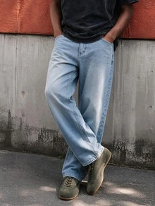 Lonveris Men's High Cotton Content Casual Streetwear Versatile Everyday Back-To-School Denim Jeans With Button And Pockets Holiday Travel Vacation Aqua Blue - Light Wash - View 4