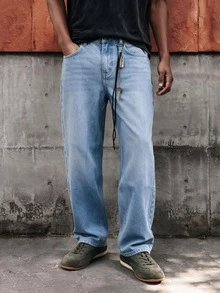 Lonveris Men's High Cotton Content Casual Streetwear Versatile Everyday Back-To-School Denim Jeans With Button And Pockets Holiday Travel Vacation Aqua Blue - Light Wash - View 3