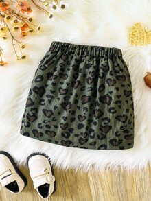 SHEIN Elladie kids 女童愛心豹紋燈芯絨裙，女童秋冬鈕扣前開 A 字版型羅紋裙時尚穿搭 - 彩色 - 查看 2