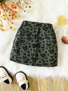SHEIN Elladie kids 女童愛心豹紋燈芯絨裙，女童秋冬鈕扣前開 A 字版型羅紋裙時尚穿搭 - 彩色 - 查看 3