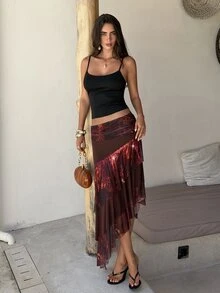 Aloruh Sexy Bohemian Low-Waist Leopard Print Tassel Mesh Patchwork Layered Ruffle Asymmetric Hem Skirt For Women Party Pink And Brown Summer - Multicolor - View 6