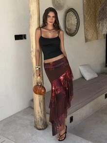 Aloruh Sexy Bohemian Low-Waist Leopard Print Tassel Mesh Patchwork Layered Ruffle Asymmetric Hem Skirt For Women Party Pink And Brown Summer - Multicolor - View 5