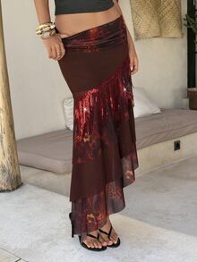 Aloruh Sexy Bohemian Low-Waist Leopard Print Tassel Mesh Patchwork Layered Ruffle Asymmetric Hem Skirt For Women Party Pink And Brown Summer - Multicolor - View 3