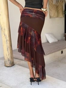 Aloruh Sexy Bohemian Low-Waist Leopard Print Tassel Mesh Patchwork Layered Ruffle Asymmetric Hem Skirt For Women Party Pink And Brown Summer - Multicolor - View 2