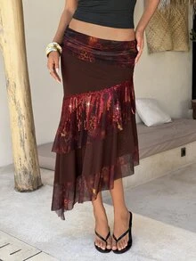 Aloruh Sexy Bohemian Low-Waist Leopard Print Tassel Mesh Patchwork Layered Ruffle Asymmetric Hem Skirt For Women Party Pink And Brown Summer - Multicolor - View 1