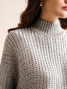 Anewsta High End French Style Embossed Gold Foil High Neck Sweater Knit Pullover Fall Winter - Grey - View 2