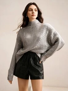 Anewsta High End French Style Embossed Gold Foil High Neck Sweater Knit Pullover Fall Winter - Grey - View 6