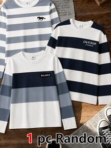 Tween Boys Digital Striped Long Sleeve T-Shirt, Suitable For Autumn/Winter, Autumn/Winter Style, Comfortable And Casual, Suitable For Outings, Fashionable Casual Wear, Pattern Design, Style, Suitable For Outings, Outdoor Sports Pattern Design, Back To School Season, Autumn, Back To School Party - Multicolor - View 3