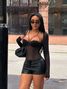 SHEIN SXY Sexy Black Sheer Mesh Long Sleeve Bodysuit - Black - View 7