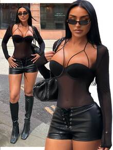 SHEIN SXY Sexy Black Sheer Mesh Long Sleeve Bodysuit - Black - View 8
